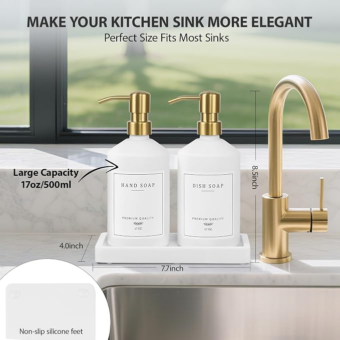 Gold Soap Dispenser Set, Glass Hand and Dish Soap Dispenser Set - Image 2