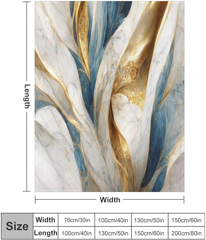 Abstract Marble Blanket, Modern Luxury Baroque Golden Blue White Stone Veins Pattern Soft Warm Cozy Plush Flannel Covers for Livingroom Bedroom Couch Chair Camping Travel Home Decor Tapestry 40x50in