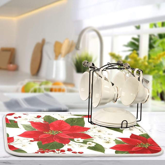 Red Poinsettias with Holly Dish Drying Mat - Image 5