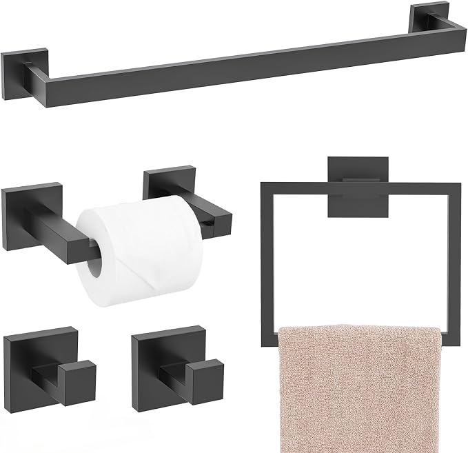 TQKAG Matte Black Bathroom Hardware Accessories Set 5 Pieces, Double Post by TQKAG