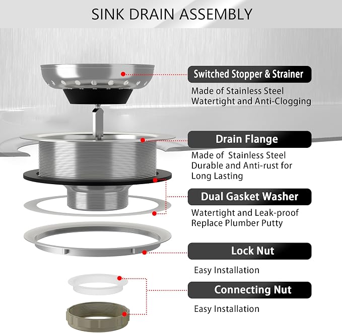 Kitchen Sink Drain 3-1/2 Inch Brushed Stainless Steel Sink Drain Strainer - Image 8