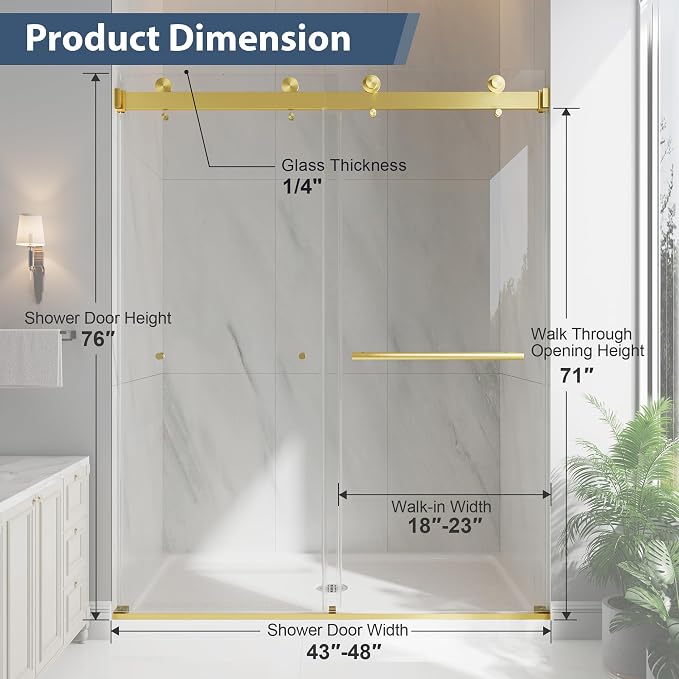 Frameless Double Sliding Shower Doors, 43-48" W x 76" H Shower Glass Door - Image 2