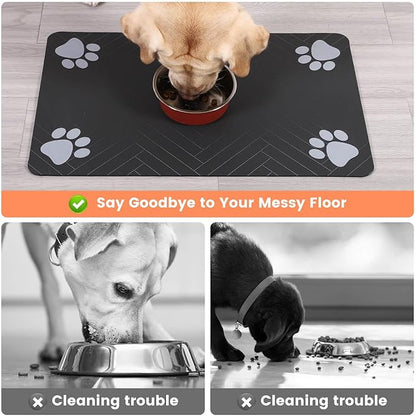 Pet Feeding Mat-Absorbent Pet Placemat for Food and Water Bowl, with Waterproof Rubber Backing, Quick Dry Water Dispenser Mat for Dog and Cat (27"x17", Striped Dark Gray)