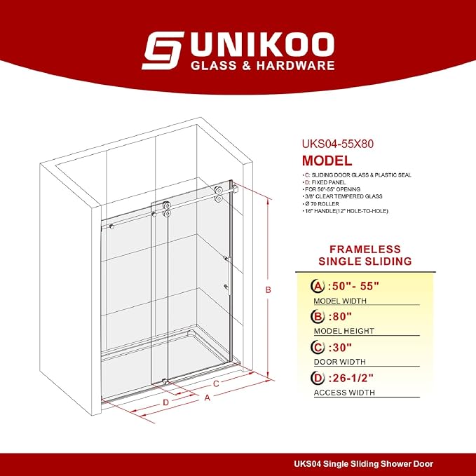 50-55 Inch x 80 Inch Sliding Frameless Shower Door, 3/8" Tempered Glass - Image 2