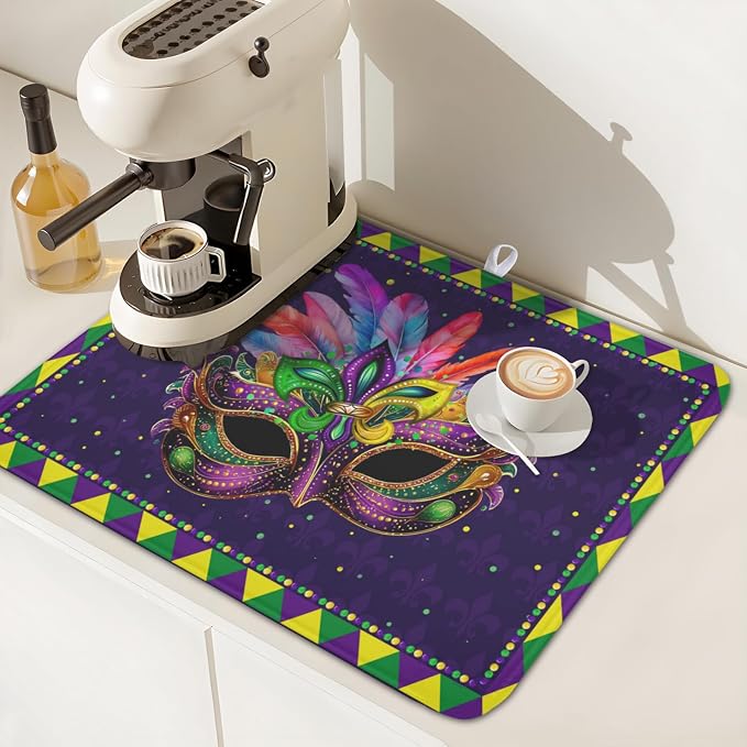 Mardi Gras Dish Drying Mat for Kitchen Counter Masquerade Mask Feather Dishes - Image 7