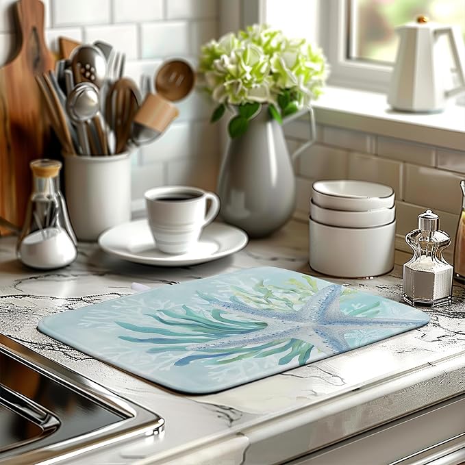 Summer Coastal Dish Drying Mat for Kitchen Counter Nautical Beach Starfish - Image 6