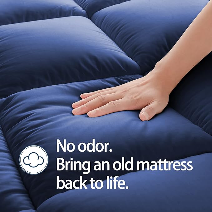 Mattress Topper California King for Back Pain, Extra Thick Mattress Pad Cover, Plush Pillow Top, Deep Elastic Pocket, Navy
