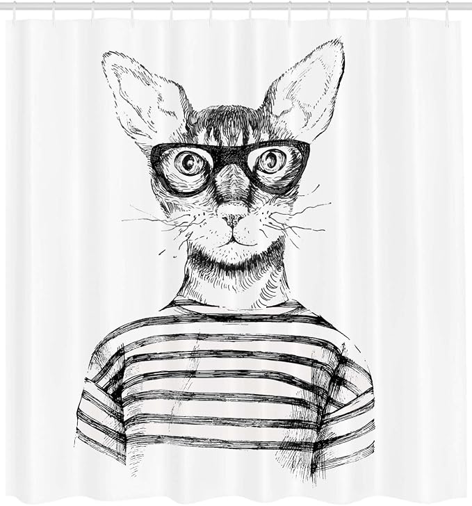 Ambesonne Cat Shower Curtain, Hand Drawn Dressed up Hipster New Age Cat Fashion - Image 2