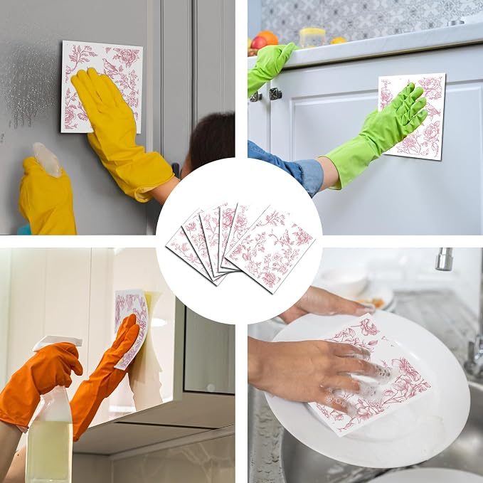 Pink Floral Swedish Dishcloths for Kitchen, 6 Pack Reusable Vintage Chinoiserie - Image 4