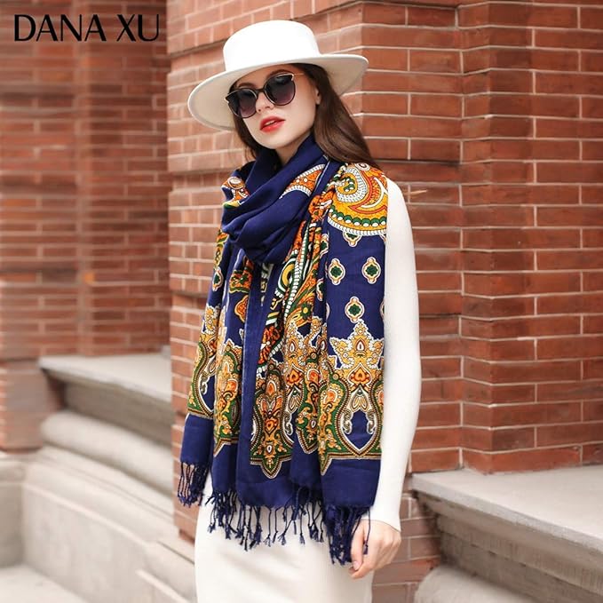 DANA XU 100% Merino Wool Pashmina Shawl for Women 96"x43", Oversized Cashmere Wrap with Tassels, Floral Travel Blanket Cape