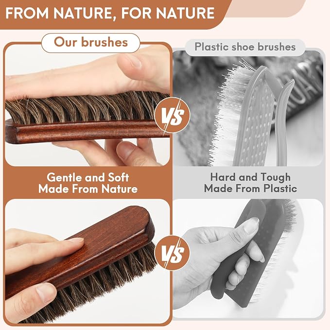 3pcs 100% Horse Hair Shoe Brush Kit Shoe Shine Kit Beech Wood Leather Care Set - Image 4