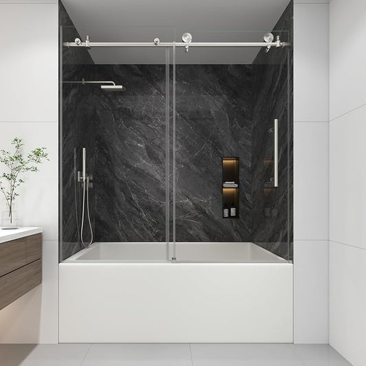 KPUY Tub Shower Door, 55-60" W x 60" H Frameless Sliding Bathtub Door, 1/4" by KPUY