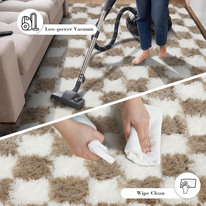 Checkered Rug for Living Room, 8x10 Beige and White Area Rugs, Classic Checkered Carpets Shaggy Area Rug, Bedside Rugs for Living Room Bedroom Kids Room Home Decor