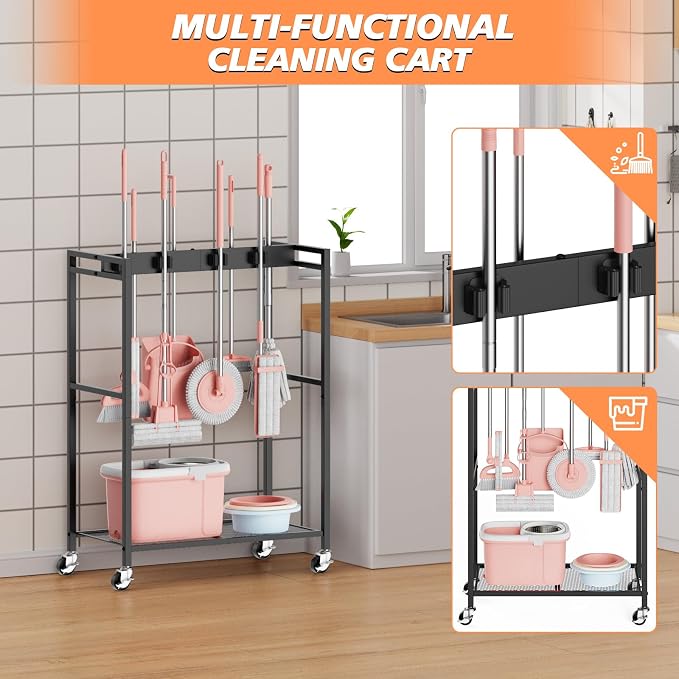 Broom and Mop Holder, Broom Closet Storage Cabinet, Cleaning Cart - Image 4