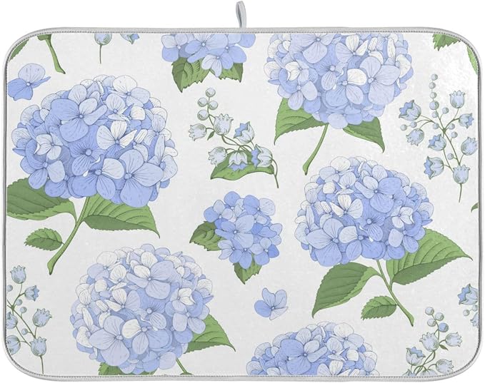 Blue Hydrangea Flowers Dish Drying Mat Super Absorbent Drying Mat Large Coffee by OTVEE