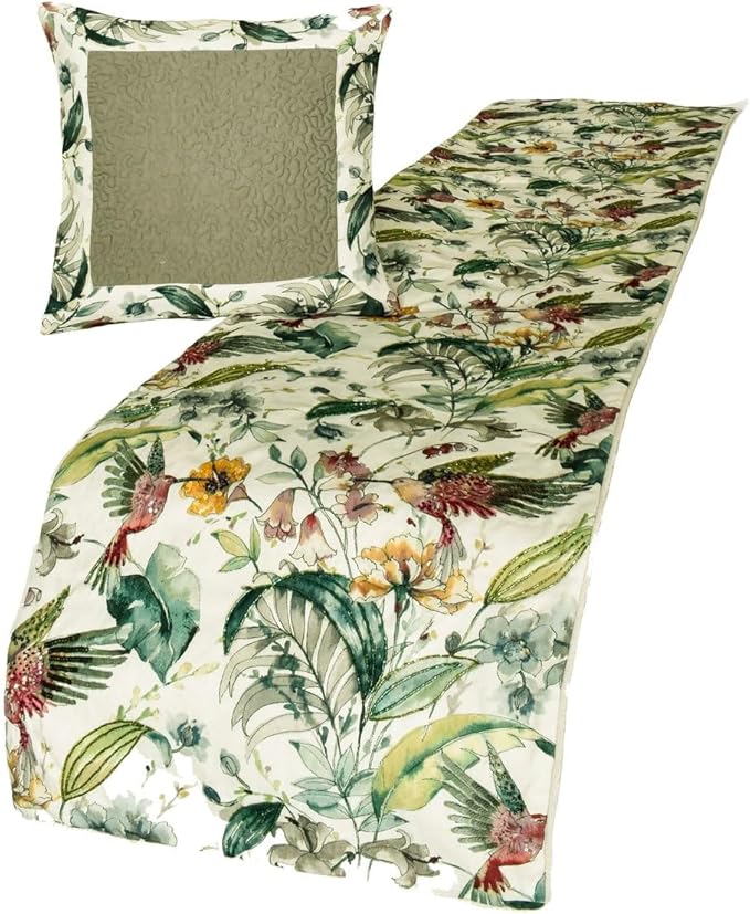 The HomeCentric King Queen Twin Ivory & Multi Designer Queen 74"x18" Bed Runner with 2 Pillow Cover, Bird, Sequins & Beaded Bed Scarf on Cotton Fabric - Exotic Birds