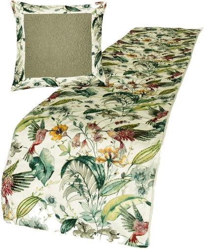 The HomeCentric King Queen Twin Ivory & Multi Designer Queen 74"x18" Bed Runner with 2 Pillow Cover, Bird, Sequins & Beaded Bed Scarf on Cotton Fabric - Exotic Birds