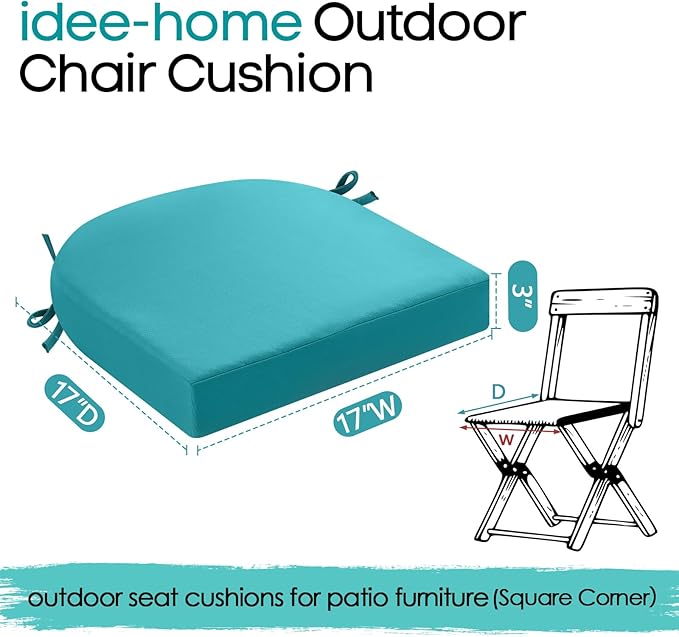 idee-home Outdoor Chair Cushions Set of 2, Thick 17" x 17" x 3" Patio Chair Cushions for Outdoor Furniture Waterproof with Ties, Seat Cushion, Patio Chair Pads Dining Chair Blue