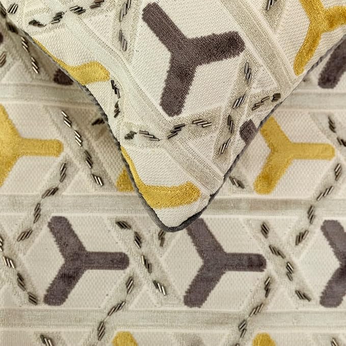 The HomeCentric King/Queen/Twin Grey & Yellow Designer Queen 74"x18" Bed Runner Without Pillow Cover, Beaded Bed Scarf on Velvet Fabric - Tripod