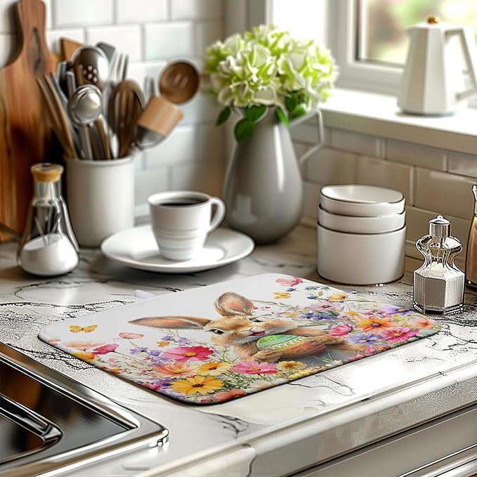 Spring Easter Dish Drying Mat for Kitchen Counter Easter Bunny Rabbit Eggs - Image 6