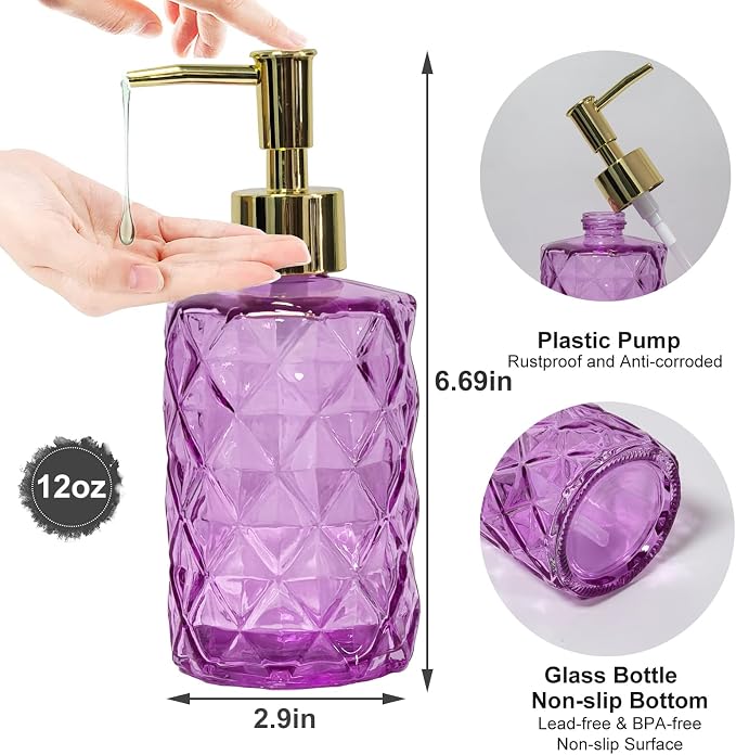 Glass Soap Dispenser with Gold Plastic Pump, 12oz Refillable Liquid Hand Soap - Image 2