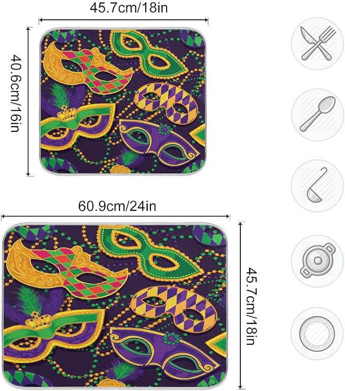 Mardi Gras Dish Drying Mat for Kitchen Mask Beads Confetti Masquerade Party - Image 3