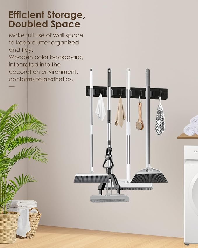 AceMining Broom Holder Wall Mounted, Wooden Mop and Broom Holder - Image 5