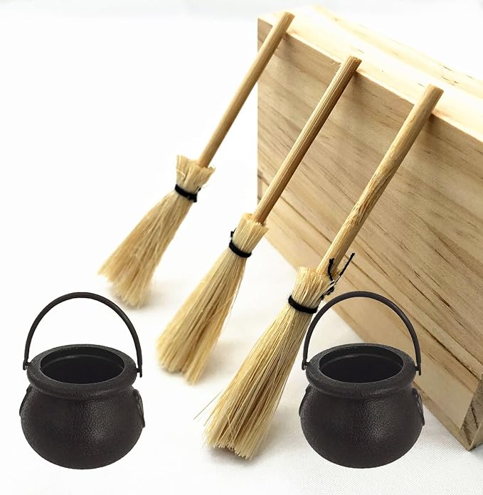Mini Plastic Cauldron and Mini Broom Halloween Decorations Witch Pot Black - Image 5