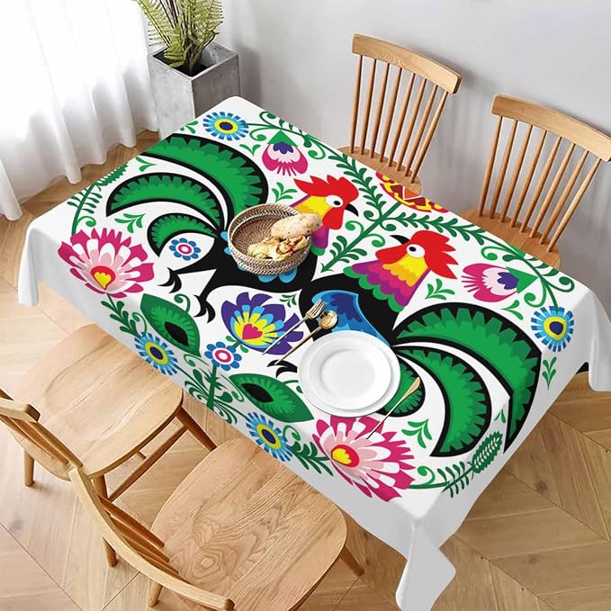 Rooster Table Cloth Rectangle Table Polish Folk Art Floral Leaves Flowers Cock - Image 3
