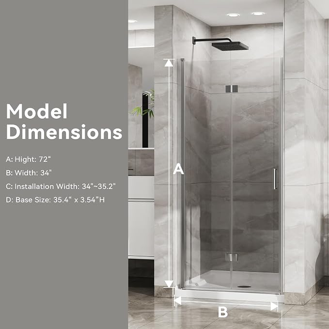 Frameless Bi-Fold Shower Door 34" W x 72" H, 1/4" Clear Tempered Glass - Image 7