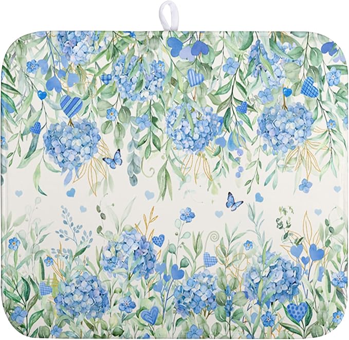 Blue Hydrangea Floral Dish Drying Mat by Wnoesat