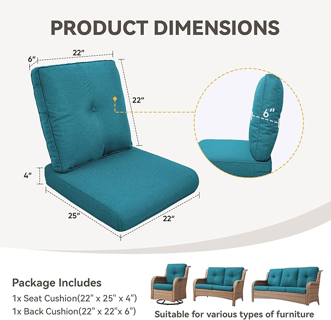 Outdoor Chair Cushions - 22" x 25" x 4" Patio Furniture Cushions with Water Resistant & Removable Cover, 28D High Density Sponge Patio Cushion for Outdoor Furniture Couch Rocker Chair, Peacock Green