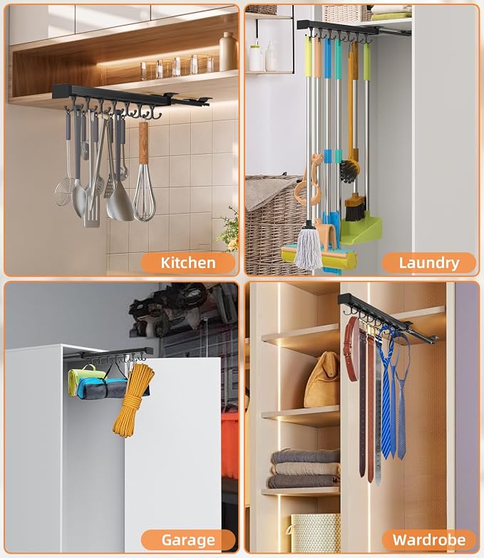 Pull Out Broom Holder With Adjustable Double Row Sliding Hook, - Image 6