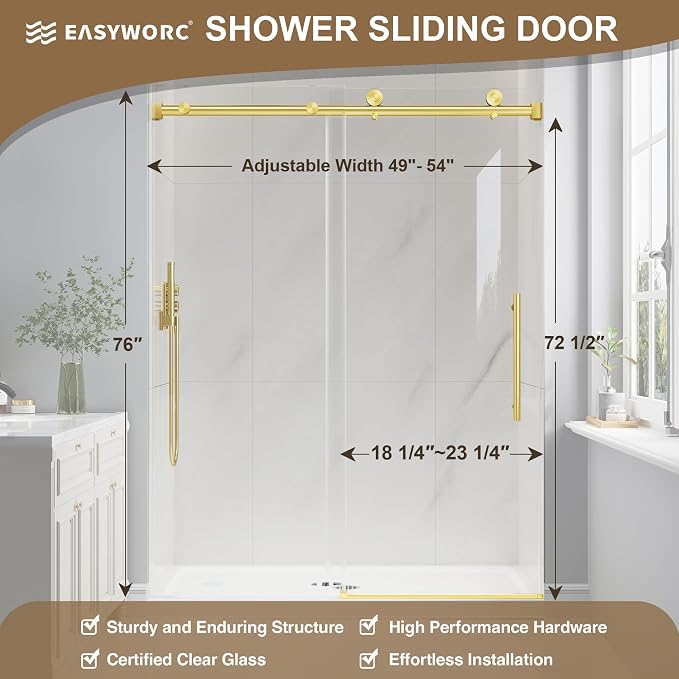 Frameless Glass Shower Door, 49-54" W x 76" H Sliding Frameless Shower Door - Image 5