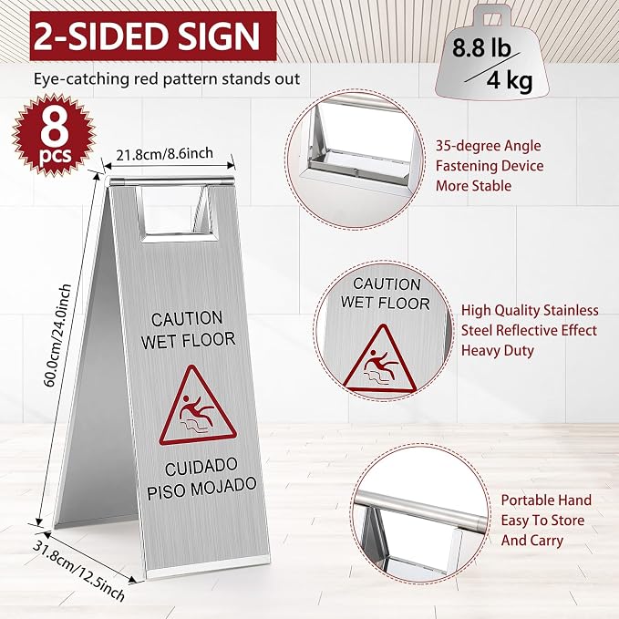 8 Pcs 24 Inch Stainless Steel Wet Floor Sign 8.8 Pound Caution Wet Floor Sign - Image 2