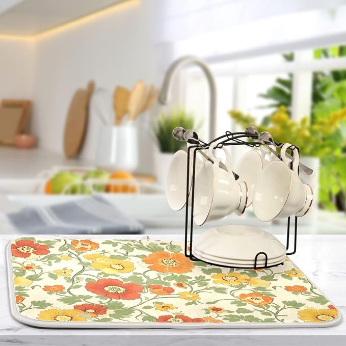 Retro Yellow Orange Flowers Dish Drying Mat - Image 5