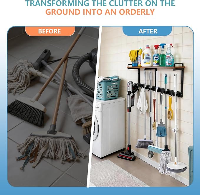 Broom Holder Wall Mount With Cleaning Supplies Organizer Shelf Broom And Mop - Image 5