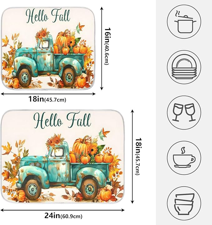 Vintage Fall Truck with Pumpkins Autumn Leaves Dish Drying Mat - Image 2