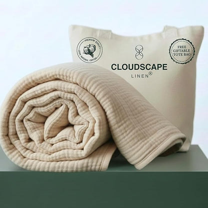 Cloud Scape Linen Oversized 4 Layer Muslin Blanket Queen Size - 100% Cotton, Lightweight & Breathable All Season Gauze, Pre-Washed, fits Full Bed, 92x92, Beige Fog