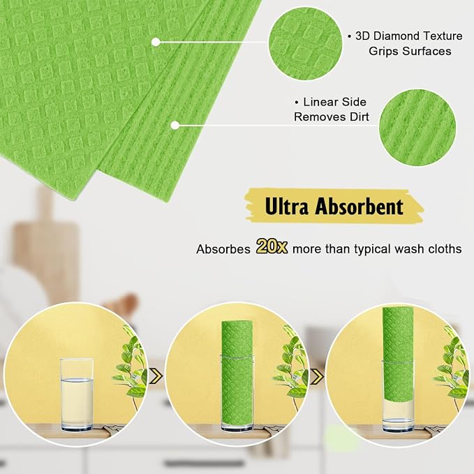 Swedish Dishcloths for Kitchen | 10 Pack Absorbent Cellulose Sponge Cloths - Image 3