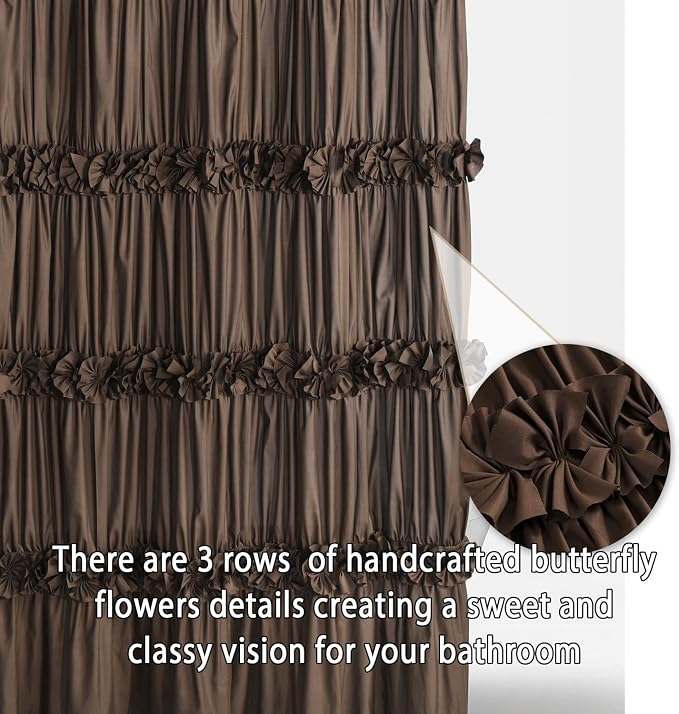 Chocolate Ruffle Shower Curtain, Vintage Handcrafted Bow Tie Bath Curtain - Image 2
