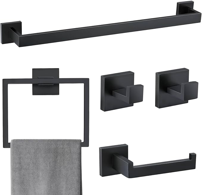 5 Pieces Bathroom Hardware Accessories Set Matte Black Towel Bar Set Towel by TNOMS
