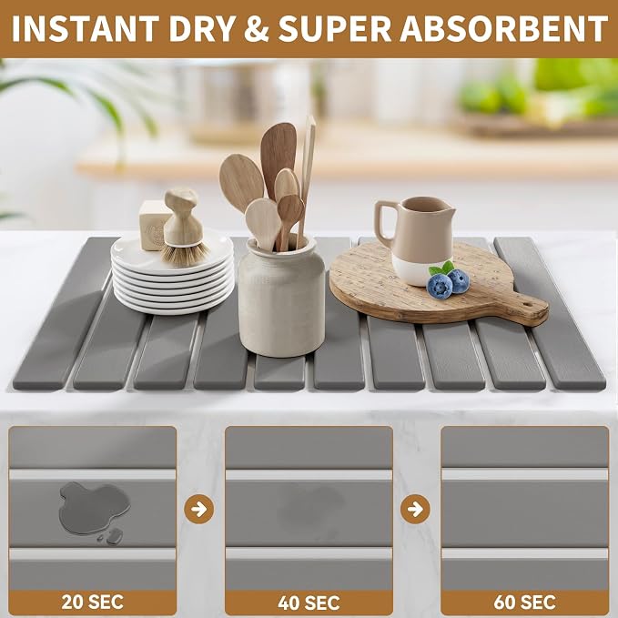 Stone Dish Drying Mats for Kitchen Counter, 23.6''x15.3'' Foldable Quick Dry - Image 3