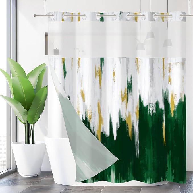 No Hook Shower Curtain with Snap in Liner, Hotel Style Dark Green White Gold by Caheansi