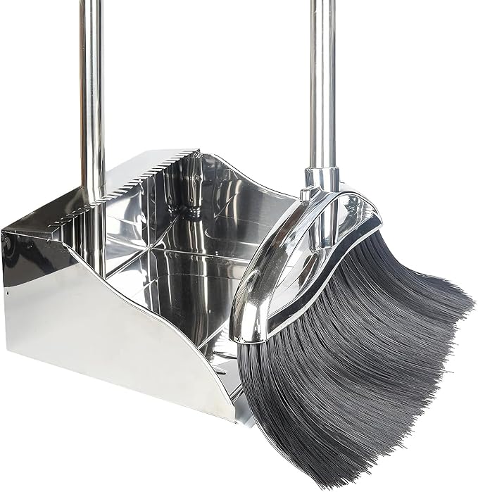 Indoor Broom and Dustpan Comb Set, Heavy Duty Stainless Steel Metal Dust Pan by GLOYY