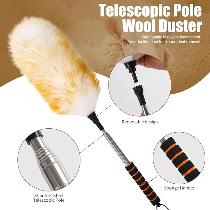 Wool Duster with Telescopic Rod Natural Cleaning Dusters - Image 3