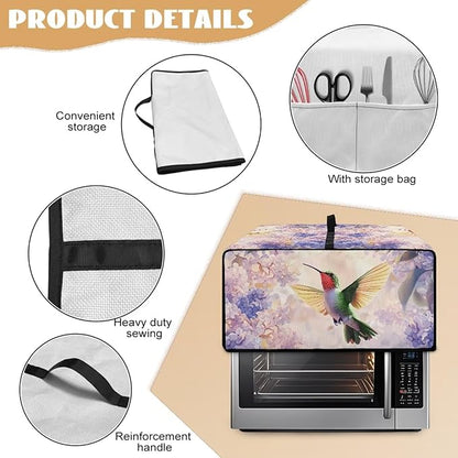 Hummingbird Hydrangea Floral Print Dust Cover for Microwave Oven Waterproof Heavy Duty Microwave Oven Cloth Cover with Storage Pockets Kitchen Appliance Protector, M
