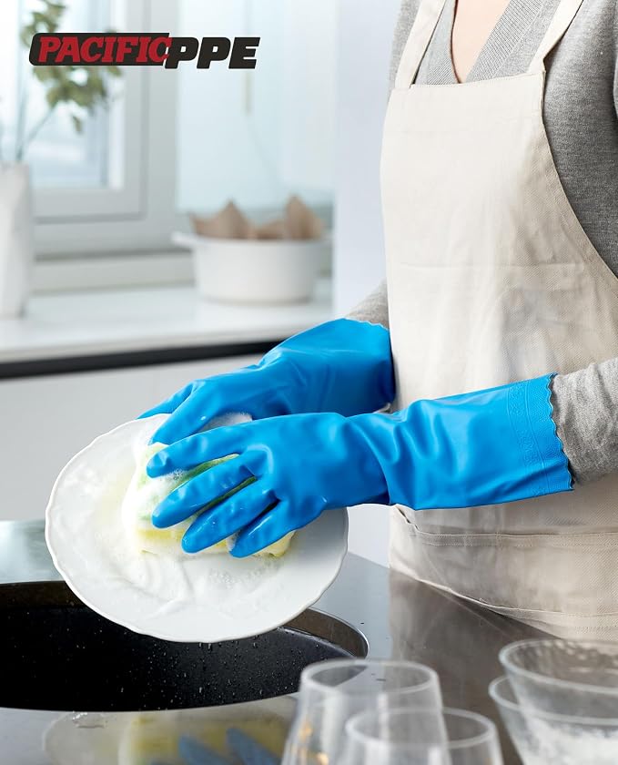 PACIFIC PPE 4 Pairs Reusable Dishwashing Cleaning Gloves, Cotton Liner - Image 6