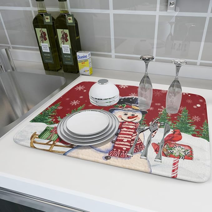 Winter Snowman Dish Drying Mat Red Bird Microfiber Dish Pad 18x24 Inch - Image 6