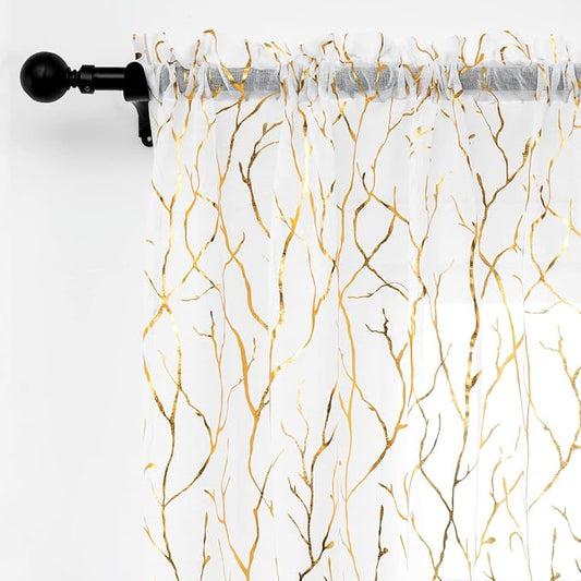 FINECITY White and Gold Curtains 108 Inch Long 2 Panels Metallic Gold Foil Tree by FINECITY